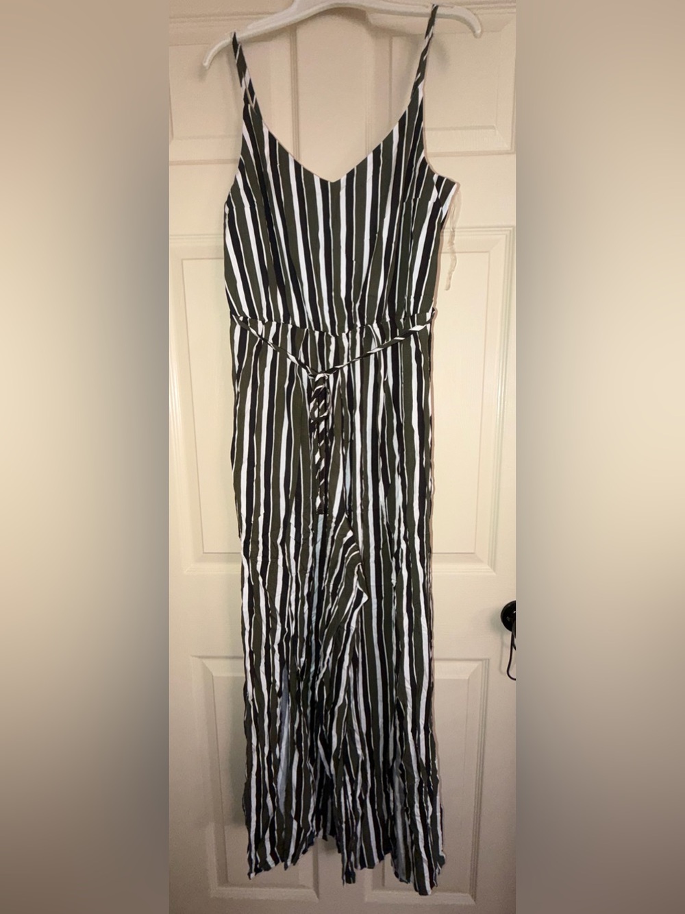 Striped Tie-Waist Jumpsuit in Olive Green and White